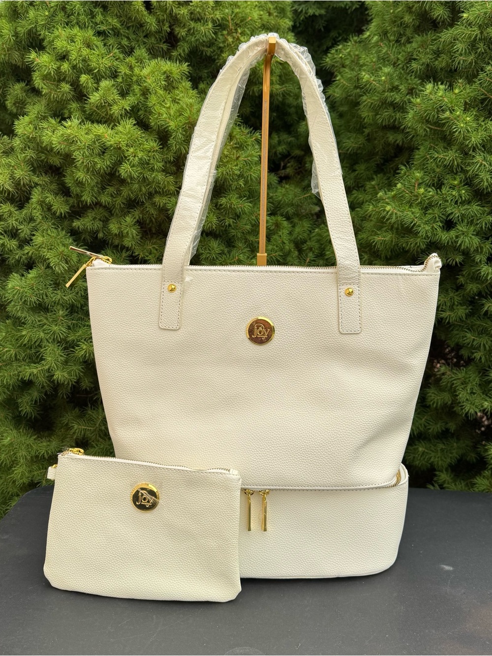 Joy Mangano Ivory Pebbled Leather Double Decker Tote Bag with Zip Pouch Wristlet